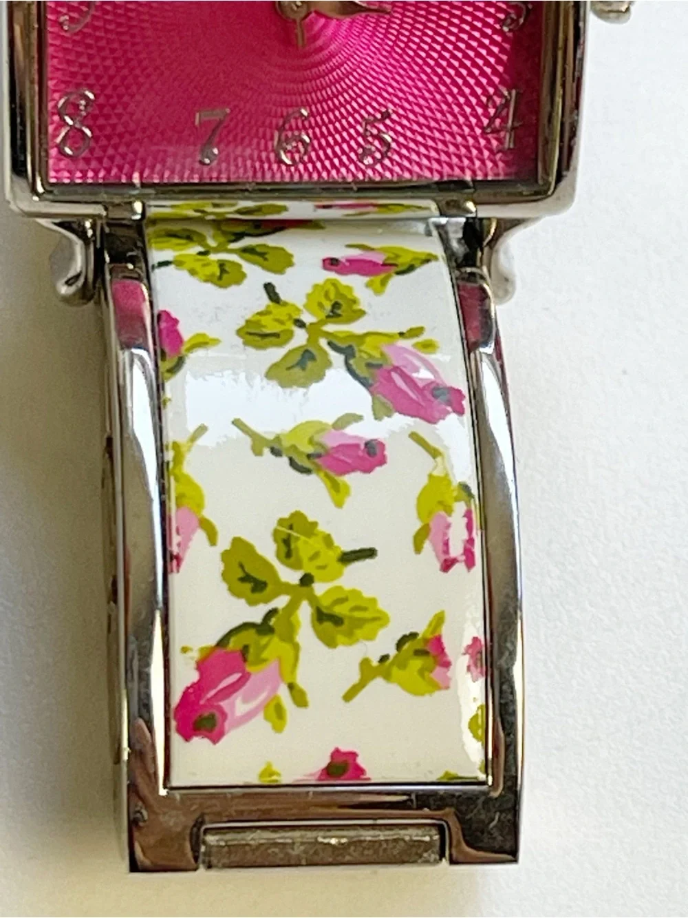 Y2K Betsey Johnson rosebud floral watch with a square hot-pink textured dial